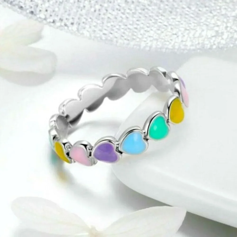 New 925 Silver Colorful Heart Band
